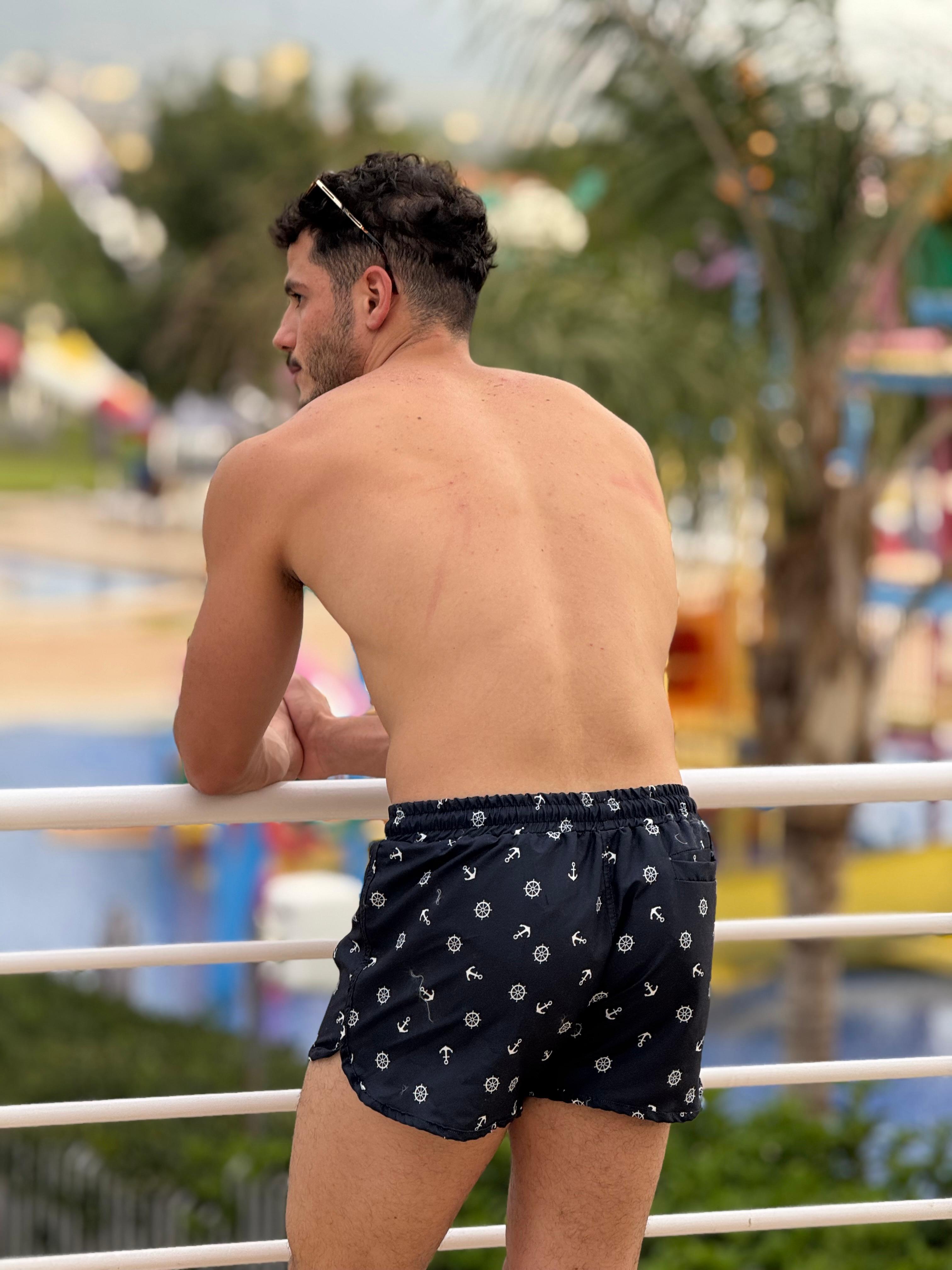 short patterned swimming trunk
