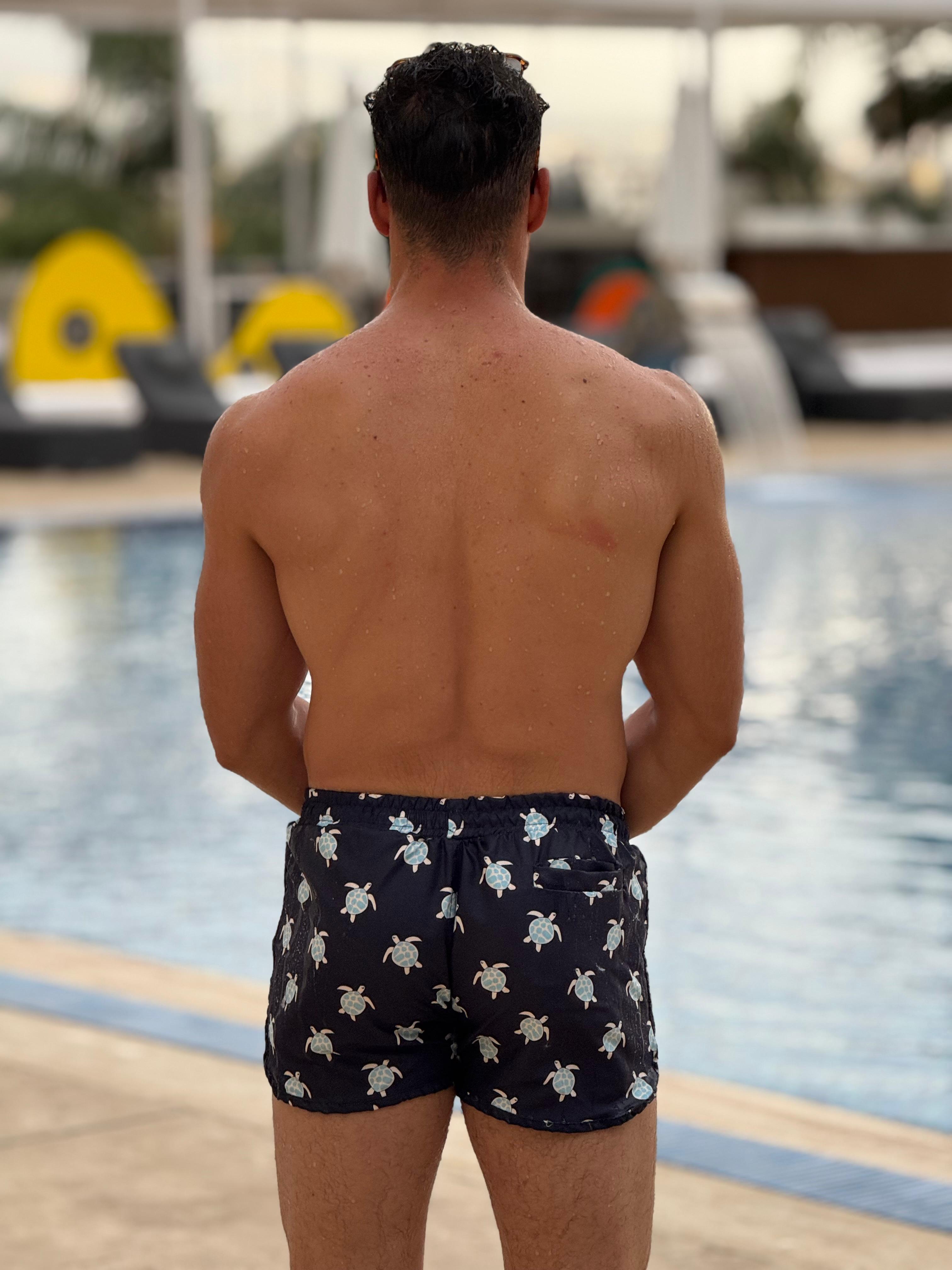short patterned swimming trunk