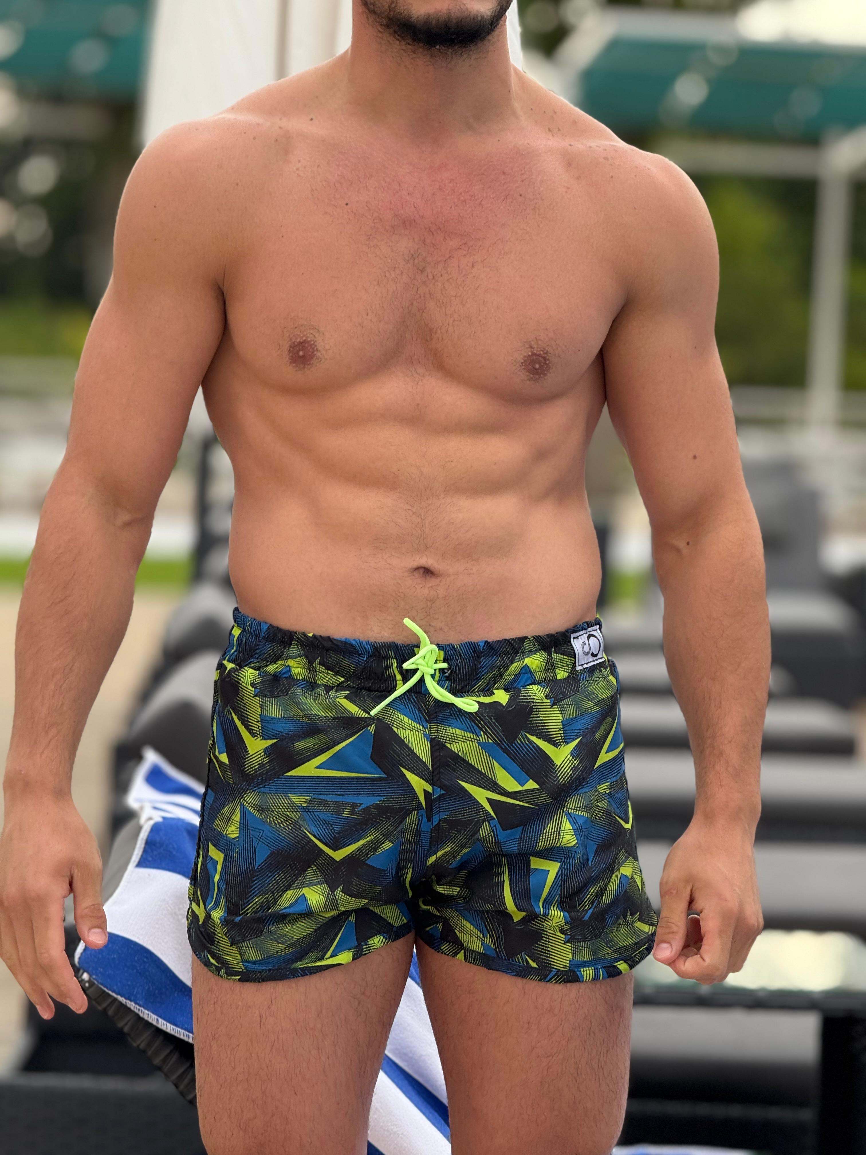 short patterned swimming trunk