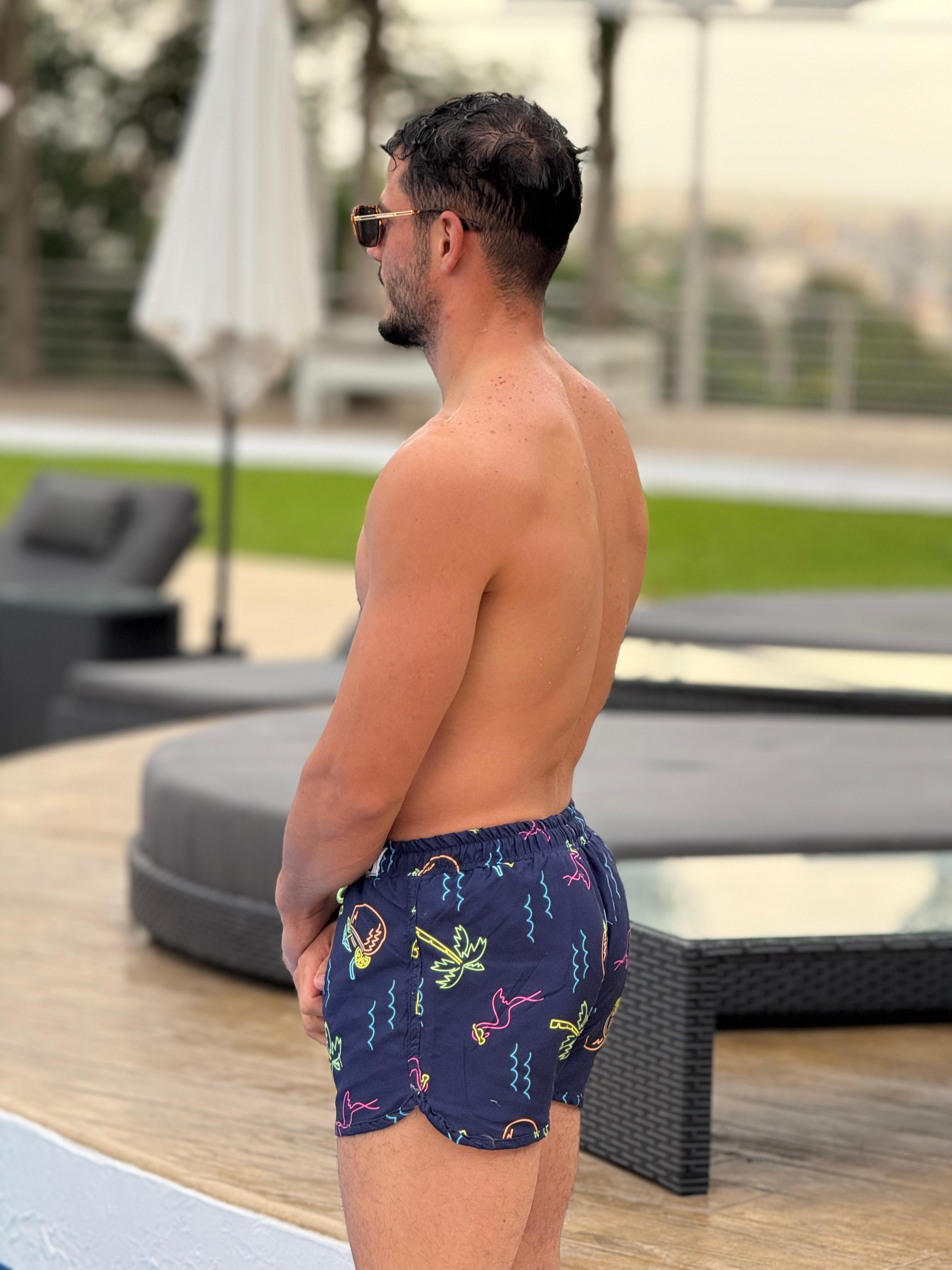 short patterned swimming trunk