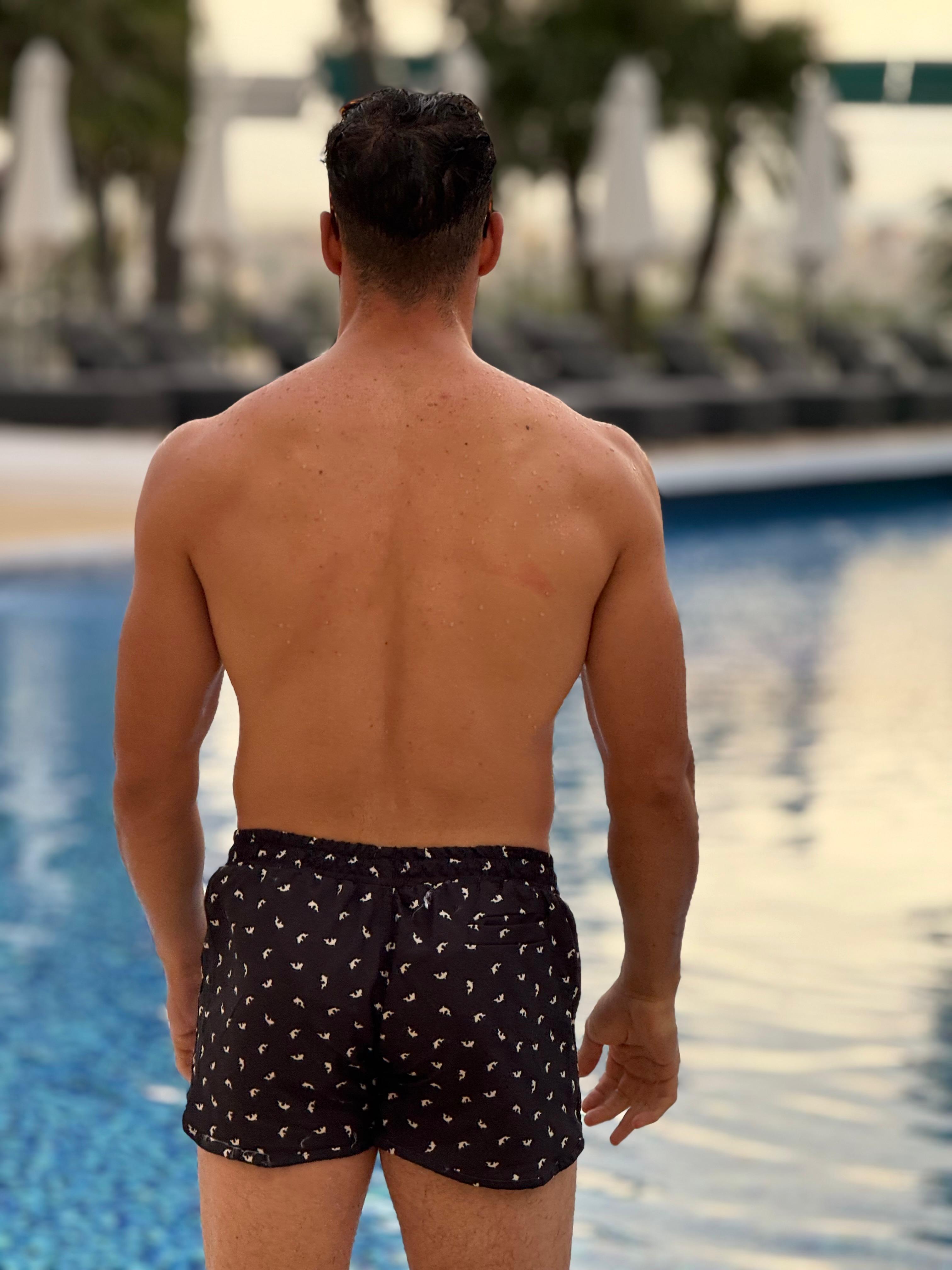 short patterned swimming trunk